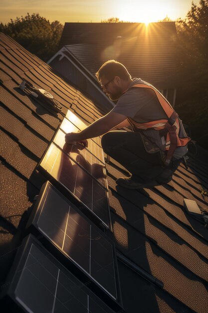 Foto werknemer die in het avondlicht zonnepanelen op een schuin dak monteert
