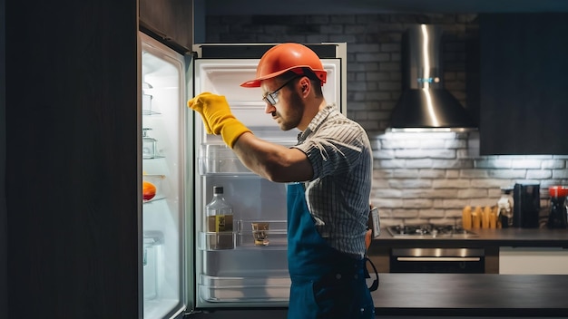 Werknemer die koelkast in de keuken repareert