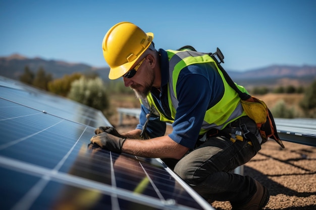 Werknemer die zonnepanelen hernieuwbare energie installeert