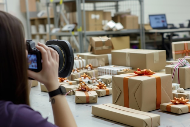 Foto werknemer fotografeert geschenkkistjes voor een online inventariscatalogus