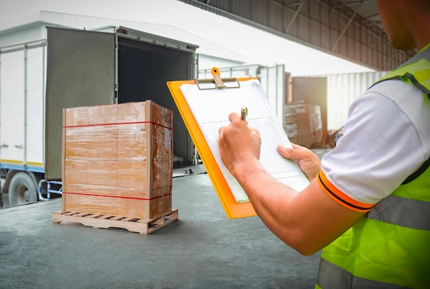 Werknemer heeft een klembord dat het laden van vracht in zeecontainers regelt Logistieke vrachtwagens