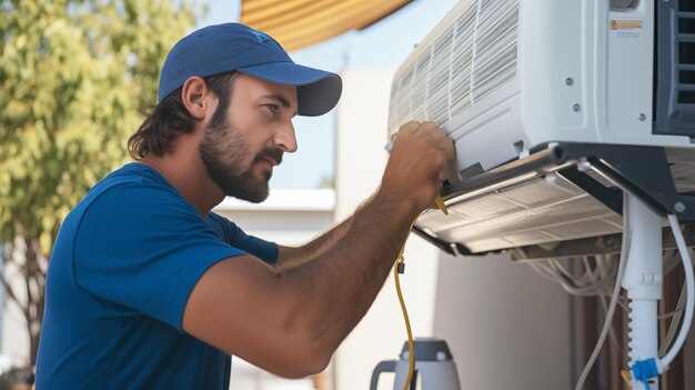 Werknemer in blauwe pet buiten die in de zomer een airconditioner of een warmtepomp buiten installeert voor comfort