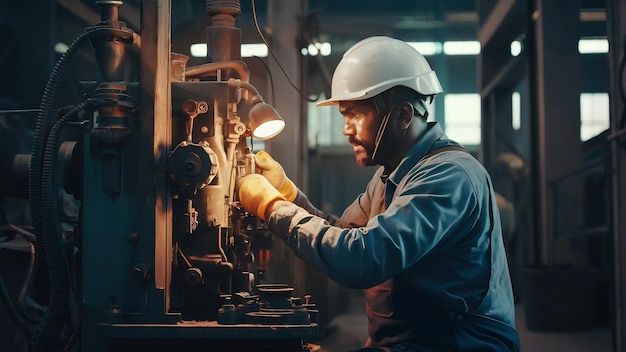 Werknemer in de zware industrie die hard aan de machine werkt in een ruwe industriële omgeving