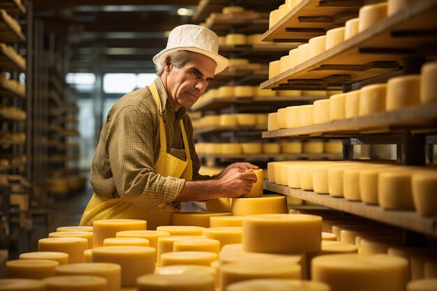 Werknemer in een kaasfabriek die verse kaas sorteert