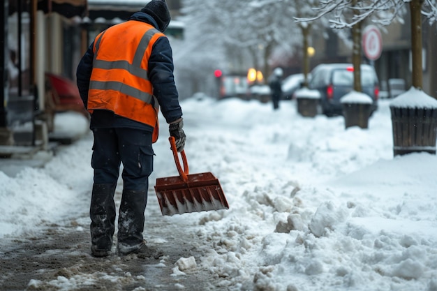 Werknemer in gespecialiseerde kleding verwijdert sneeuw van de stoep nadat een sneeuwstorm de stad heeft getroffen