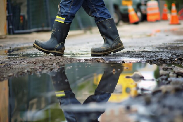 Foto werknemer in rubberen laarzen loopt langs een plas