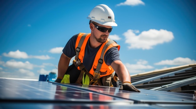 Werknemer installeert een zonnepaneel op het dak tegen de zon
