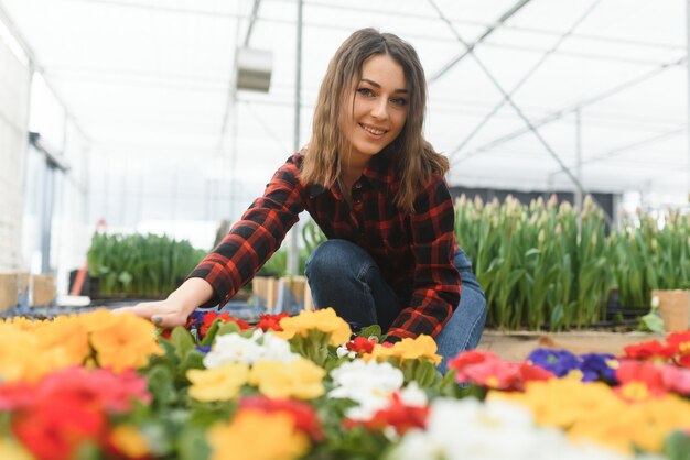 werknemer met bloemen in kas.