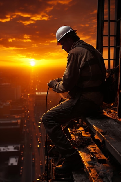 Werknemer met een harde hoed zit heel hoog op het gebouw Man met een draad Oranje zonsondergang op de achtergrond Generatieve AI