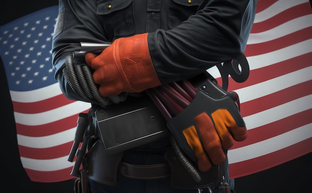 Werknemer met gereedschap Amerikaanse vlaggen achtergrondkleur 3D render Onafhankelijkheidsdag