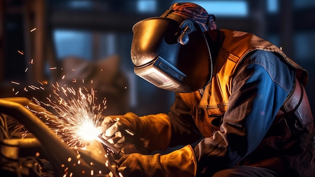 Werknemer of lasser draagt veiligheidsuitrusting bij het lassen met een boog in de fabriek