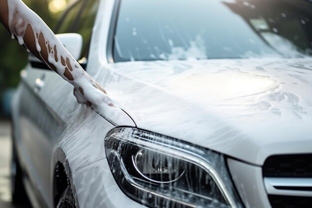 Werknemer van de wasmachine die legeringswielen schoonmaakt bij de carwashGeneratieve AI