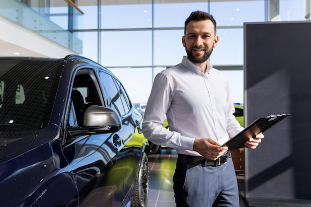 Werknemer van verzekeringsmaatschappij naast een nieuwe auto in een autodealercentrum