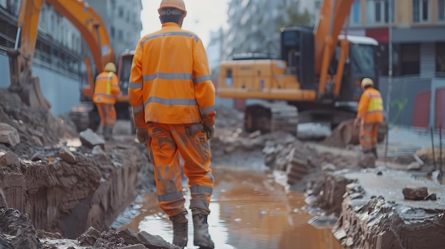 Werknemers en ingenieurs in veiligheidsuitrusting graven op de bouwplaats