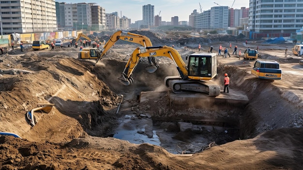 Werknemers gebruiken zware machines om te graven en de fundering te leggen. Hun toegewijde inspanningen om het land met precisie om te vormen, gegenereerd door AI