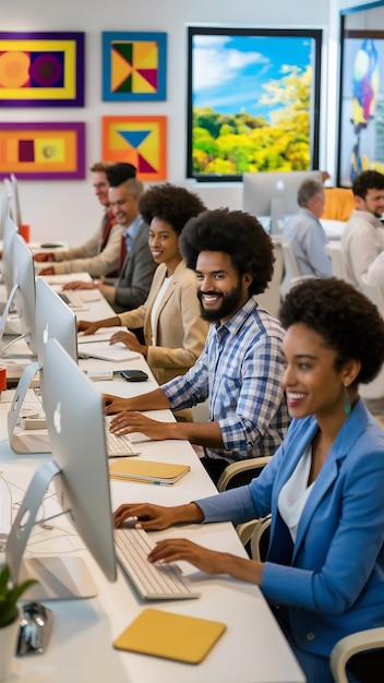 Werknemers glimlachen en werken aan computers.