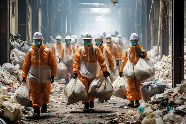 Werknemers in beschermende uniformen en maskers verwijderen opgehoopte vuilnis en brengen het vuilnis naar buiten
