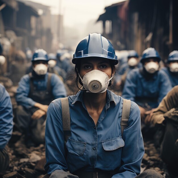 Werknemers in blauwe kleding met maskers die de veiligheid en gezondheid van werknemers vertegenwoordigen