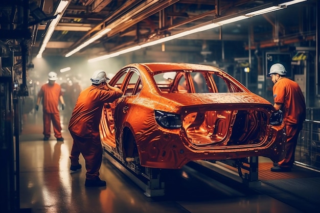 Werknemers in de auto-industrie assembleren nieuwe auto's in Workshop AI