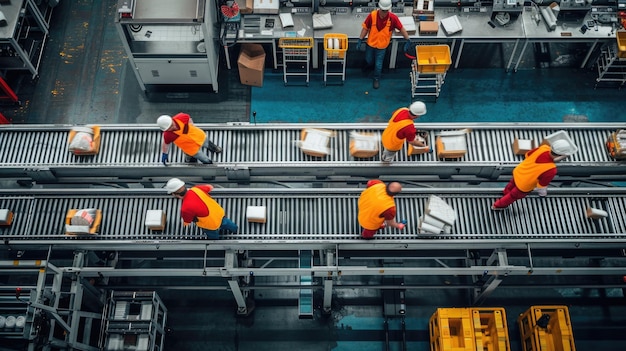 Werknemers in een bouwfabriek monteren machines op een transportband AIG41