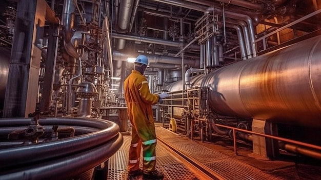 Werknemers in een industriële fabriek een raffinaderij voor de verwerking van ruwe olie Generatieve AI