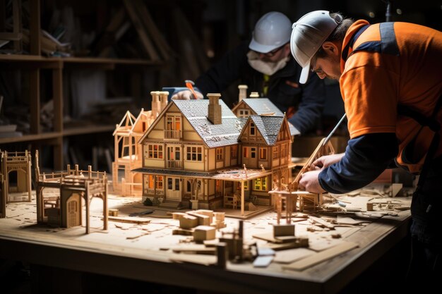 werknemers in veiligheidsvesten die een houten plank bedienen op een zagerij conveyor belt Generatieve AI