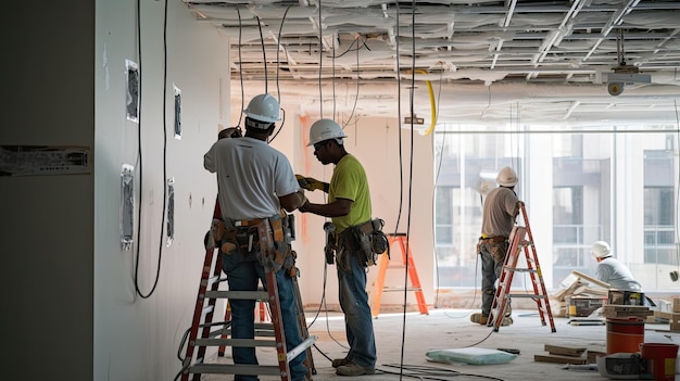 Werknemers installeren een nieuw dak op een commercieel gebouw. Hun arbeid draagt bij aan de versterking van de fundering van de constructie. Gegenereerd door AI