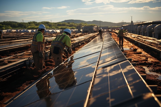 Werknemers installeren momenteel zonnepanelen in een uitgestrekt gebied, waardoor het een grootschalig zonne-installatieproject wordt dat wordt gegenereerd met AI