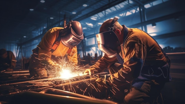 Werknemers lassen metaal in een industriële fabriek