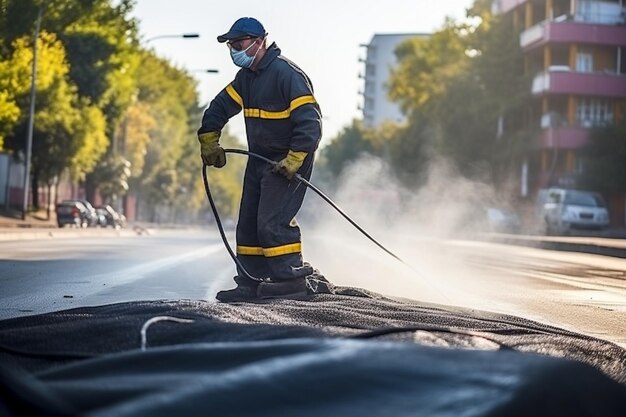Werknemers leggen een nieuwe asfaltlaag met behulp van heet bitumen
