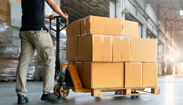 Werknemers lossen verpakkingsdozen op pallets naar het magazijn Verzenddozen bevoorrading magazijn