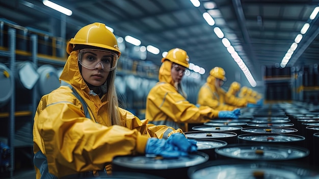 Foto werknemers met beschermende uitrusting die batterijen hanteren voor veilige ontmanteling en recycling