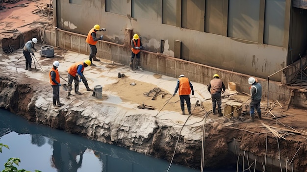 Werknemers passen vakkundig waterdichtingsmaterialen toe op de fundering van een gebouw en vergroten zo de veerkracht die door AI wordt gegenereerd