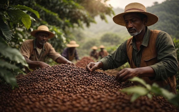 Werknemers selecteren koffiebonen in een koffieboerderij gegenereerd door AI