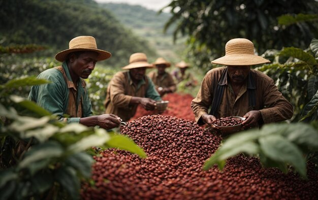 Werknemers selecteren koffiebonen in een koffieboerderij gegenereerd door AI