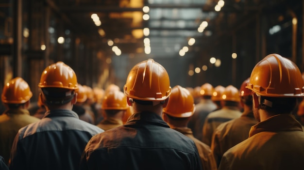 Werknemershelmen bij de fabriek uitzicht van de achterzijde groep van werknemers verandering van werknemers in de.