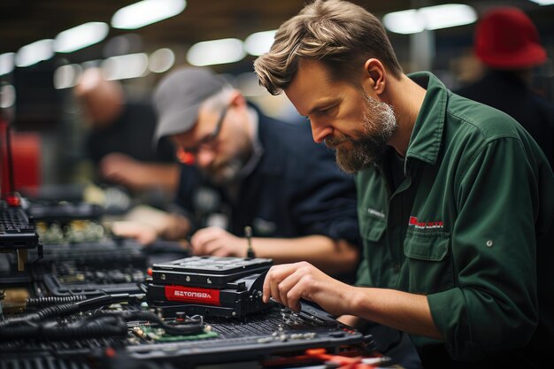 Foto werkplaats vol technici die elektronica nauwkeurig generatieve ia repareren