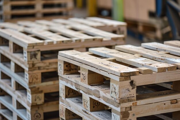 Foto werkplaats voor de productie van houten pallets voor het vervoer en de opslag van goederen pakhuis gevuld met stapels pallets