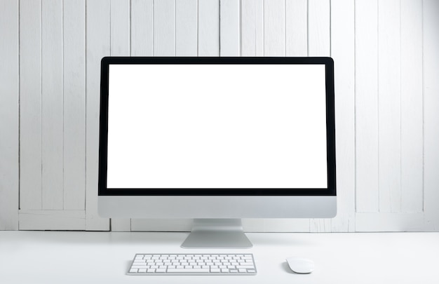 werkplek achtergrond met Blanco wit scherm moderne desktop computer.