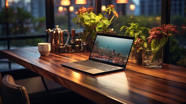 Werkplek met laptop op tafel in moderne kamer gegenereerd door AI