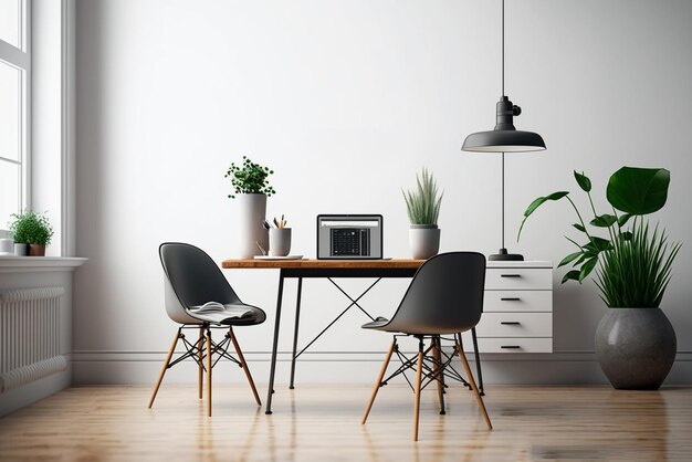Werkplek met pc-tafel en zwarte moderne stoelen bij een panoramisch raam Generatieve AI