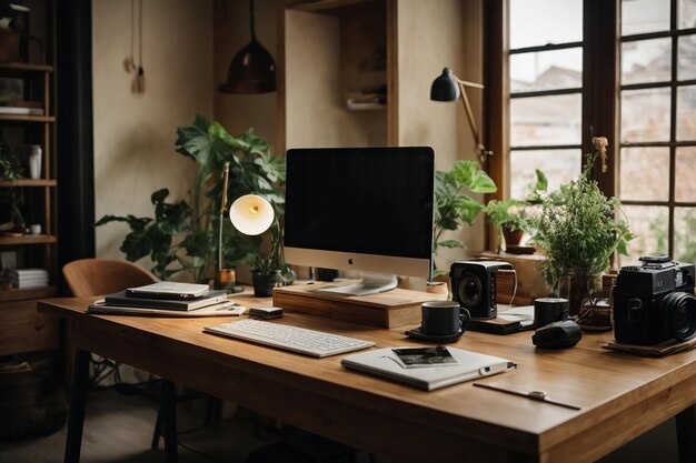 Werkplek van hedendaagse manager of freelancer met computermonitor staande op houten tafel omringd door huis