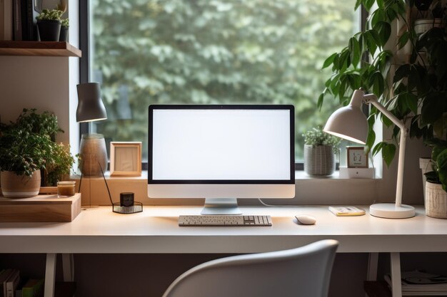 Werkruimte met computer en aanbod op tafel Leeg scherm computer met Generate Ai Foto van hoge kwaliteit