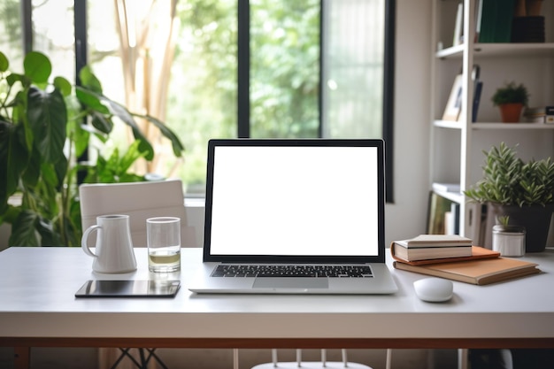 Werkruimte met computer en aanbod op tafel Leeg scherm computer met Generate Ai Foto van hoge kwaliteit