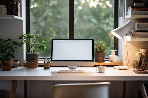 Werkruimte met computer en aanbod op tafel Leeg scherm computer met Generate Ai Foto van hoge kwaliteit