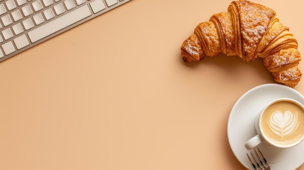 Werkruimte met een toetsenbordcroissant en een koffiekopje