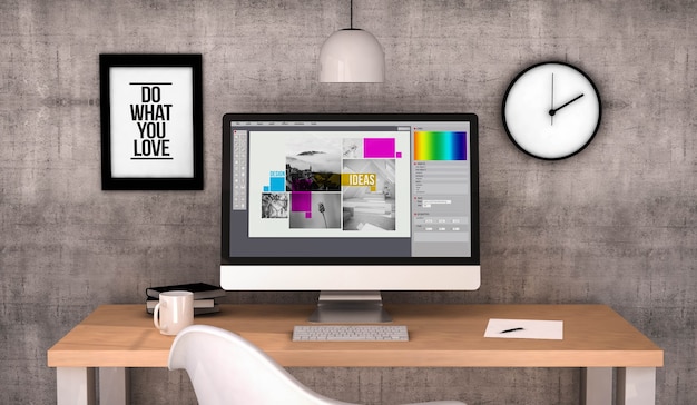 werkruimte met grafische ontwerpsoftware op schermcomputer. 3D-weergave
