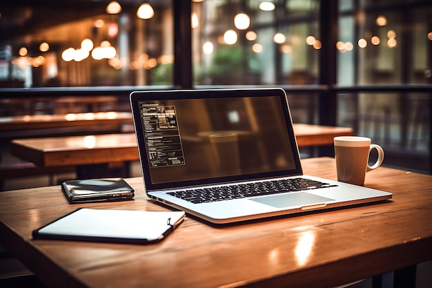 Werkruimte met laptop, smartphone en koffiekop op een houten tafel