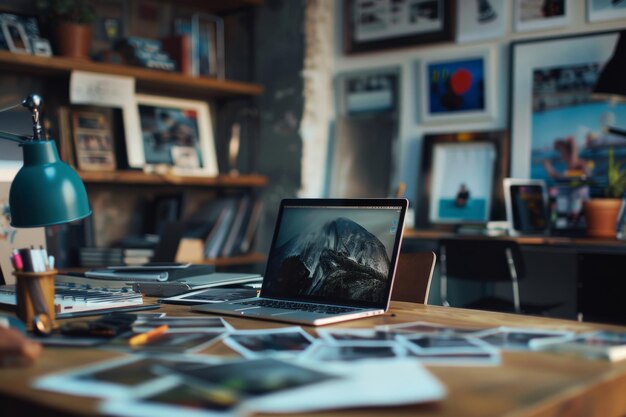 Werkruimte van fotograaf Fotograaf werktafel met laptop Moderne kunst en creatief concept