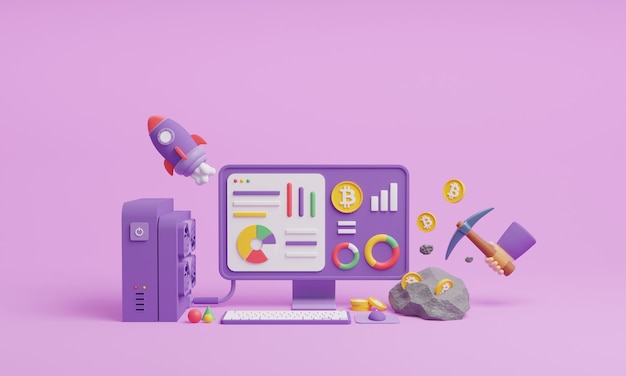werkstation en mijnbouw desktop 3d illustratie cryptocurrency mijnbouw met grafische kaart 3d render